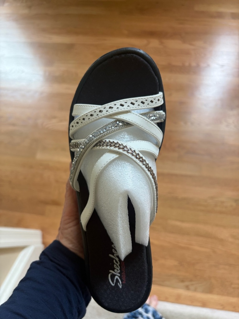Skechers Women's White and Silver Strappy Slip-On Sandal